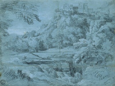 Landscape with Mountain Town and Waterfall by Gaspard Poussin Dughet